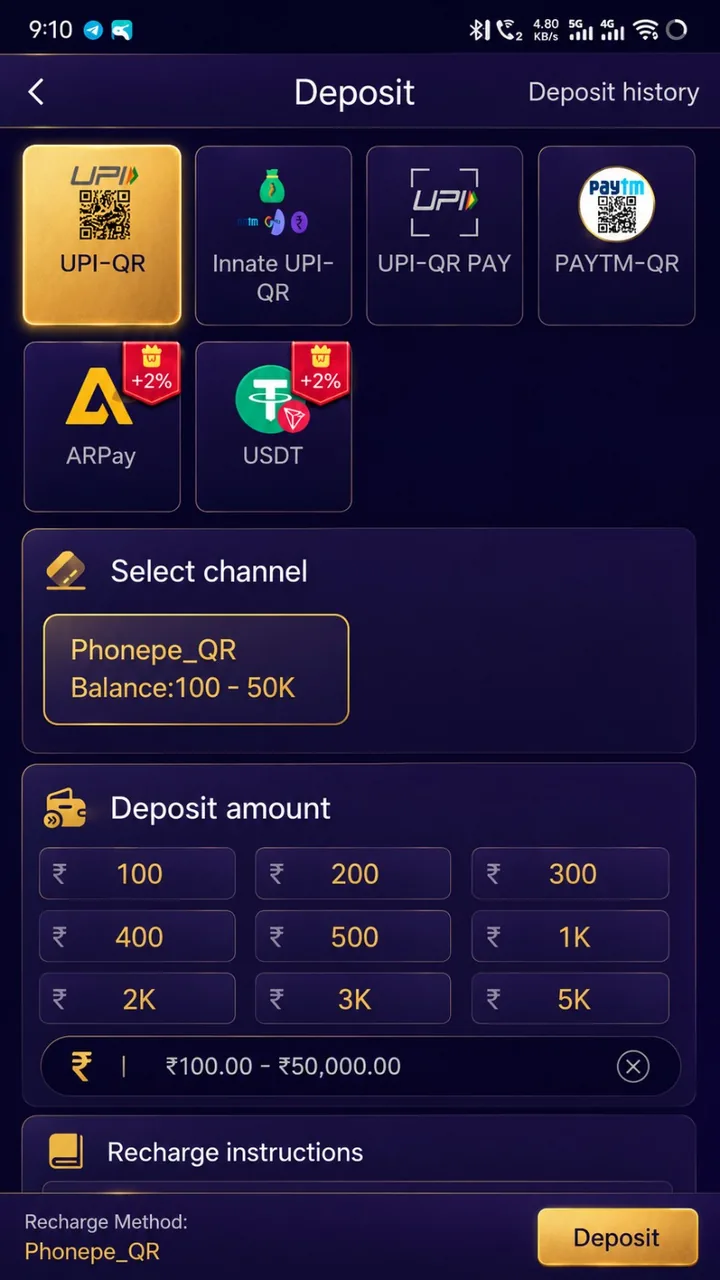 Deposit page showing payment methods and amount choices