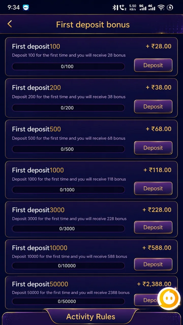 First deposit bonus activity showing multiple deposit tiers