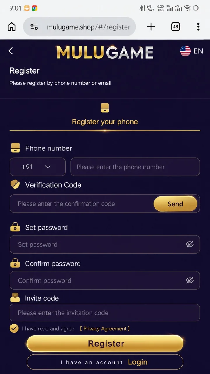 Mobile registration form showing phone number, verification code and password fields
