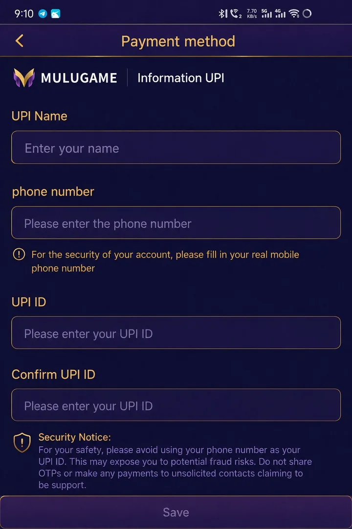 UPI payment method form with name phone number and UPI ID